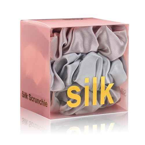 Silk Scrunchies for Hair 100% Mulberry Silk Hair Ties£¨Silver gray, Dark gray, Pink£©
