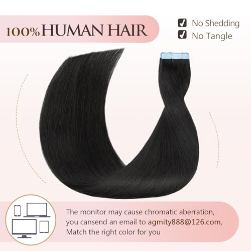 Tape in Hair Extensions Human Hair 14 inches Jet Black 20pcs 40g/pack Straight Seamless Weft Skin Invisible Thick Human Hair Tape in Extensions(14 inches #1 Jet Black)