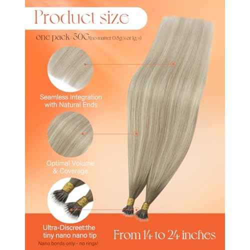 Sunny Hair Nano Hair Extensions Human Hair Ash Blonde Ombre Platinum Blonde Nano Tip Hair Extensions Real Human Hair 24inch Nano Bead for Wedding 50g