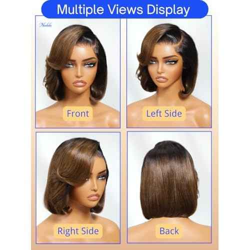 Nadula Glueless Bye Bye Knots Short Bob Drawstring Wig human Hair with Blow Out Bangs, Black to Chestnut Brown Ombre Pre Cut 7X5 HD Lace Front Wigs Pre Plucked Bleached Knots Ready to Wear 10inch