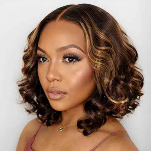 ISEE Wear Go Glueless Wigs Human Hair Pre Plucked Pre Cut Short Bob Body Wave Lace Front Wigs Human Hair for Women Upgraded Glueless Bob Wig 7x5 HD Lace Closure Wigs (Highlight Ombre, 14 Inch)