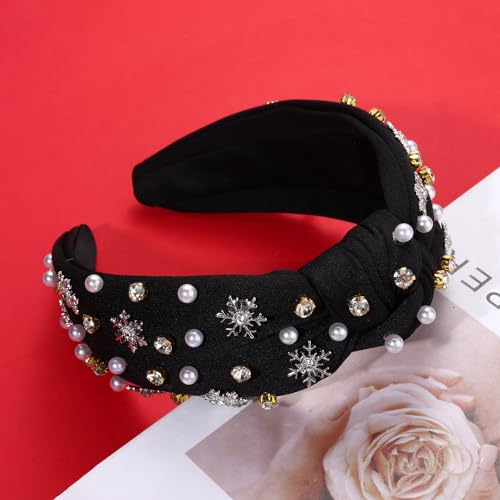 Christmas Headband for Women Rhinestone Snowflake Headband Embellished Crystal Pearl Knotted Headbands Wide Top Knot Xmas Holiday Headband Christmas Hair Accessories Outfits Gifts (Snowflake Black)