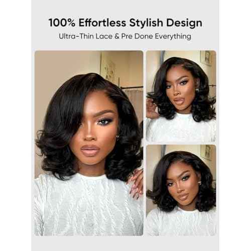 Wiggins Hair Body Wave Bob Wig Human Hair 4x7 Lace Front Wigs Human Hair Pre Cut Lace Ready to Wear Glueless Wig Human Hair Body Bob Wig For Women Pre-Bleached Knots & Adjustable Straps 12 Inch