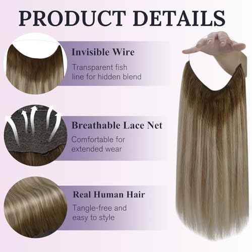 Fshine Wire Hair Extensions 20 Inch Olive Brown to Ash Brown and Blonde Layered Hairpiece with Transparent Fish Line Straight Real Human Hair Clip in Hair Extensions 80 G