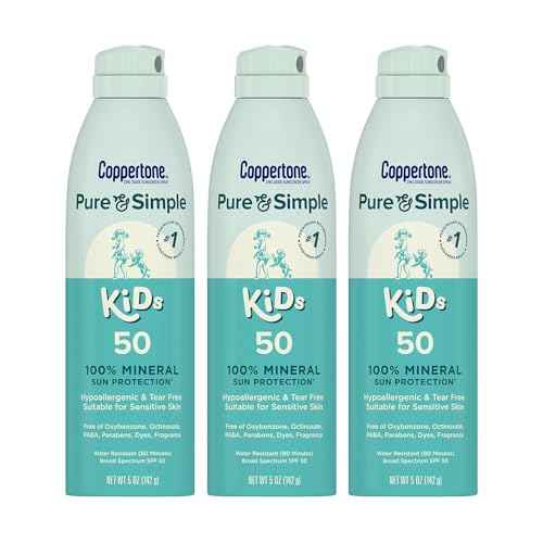 Coppertone Pure and Simple Kids Sunscreen Spray SPF 50, Zinc Oxide Mineral Sunscreen for Sensitive Skin, Hypoallergenic and Tear Free, 5 Oz Can, Pack of 3