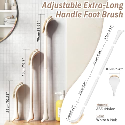 New Foot Brush with Adjustable Long Handle, 3-in-1 Foot Scrubber for Wet or Dry Brushing, 10.2¡¯¡¯- 27.5¡¯¡¯ Foot Scrub Brush for Senior, Pregnant, Disabled, or Injured, Gift-Box Packed(White)
