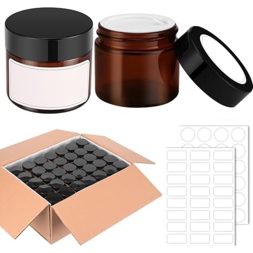 2 oz Round Amber Glass Jars, Bumobum 70 pack Cream Jars with Black Lids, Black and White Labels & Inner Liners, Empty Cosmetic Containers for Cream, Lotion
