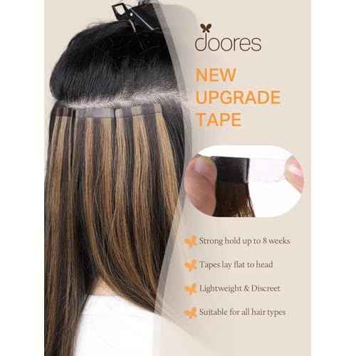 DOORES Tape-in Hair Extensions - Balayage Chocolate Brown to Caramel Blonde, 40pcs, 100g, 20 Inch, Remy Silky Straight Skin Weft Natural