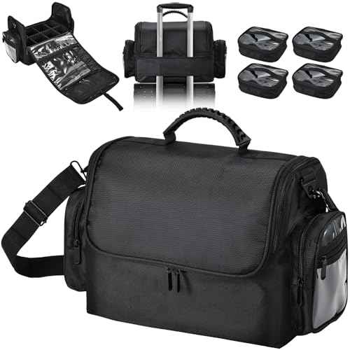Makeup Train Case 18.1 Inch Large Travel Makeup Organizer Case Portable Makeup Arists Bag with Shoulder Strap Makeup Brush Slots 4 Clear Pouch for Cosmetologist Aesthetic Supplies Nail Tech Makeup Bag