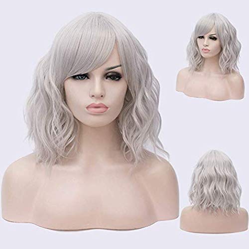 PLUSKER 40cm/15.7inch Women Short Curly Silver Gray Cosplay Wig with Side-Parted Bangs Lolita Style Hair Synthetic Heat Resistant Party Costume Wigs