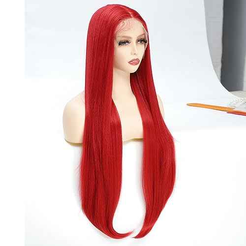 X-TRESS 32 Inch Red Lace Front Wig 13x4 Staight Hd Lace Front Wig Red Wigs For Wome Glueless Wigs Pre Plucked Baby Hair 180 Density Synthetic Lace Front Wigs Cosplay