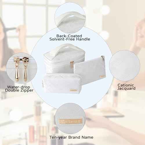 Richeart 3PC Makeup Bag Set, Cationic Jacquard Large Cosmetic Organizer, Back-Coated Solvent-Free Travel Toiletry Bag for Women - White