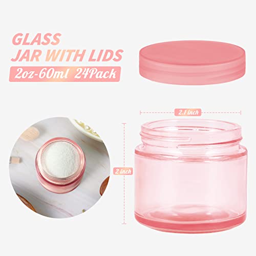 2oz Glass Jars 24 Pack, Hoa Kinh Mini Round Pink Glass Jars with Inner Liners and Pink Lids, Perfect for Storing Lotions, Powders and Ointments.