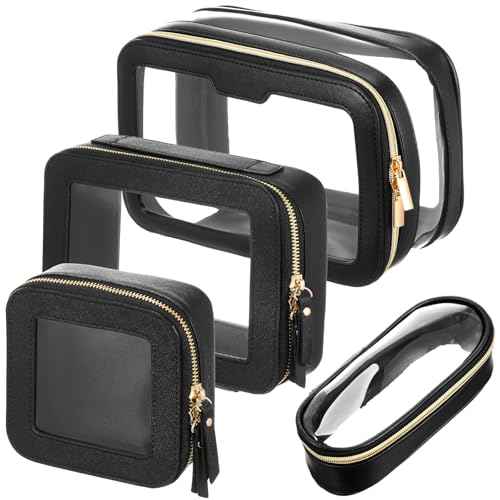 4 Pcs Leather Clear Makeup Bags Set for Women Travel Clear Cosmetic Case Toiletry Bags with Zipper Makeup Brush Case Waterproof Organizer Storage for Women Men Travel Accessories, 4 Sizes(Black)