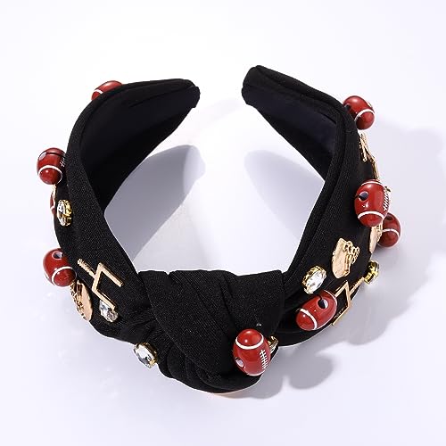 Football Headband for Women Football Mom Accessories Rhinestone Crystal Football Charm Top Knot Hairband Black White Red Purple Blue Gameday Sports Wide Twist Football Hair Band Headpiece Accessories