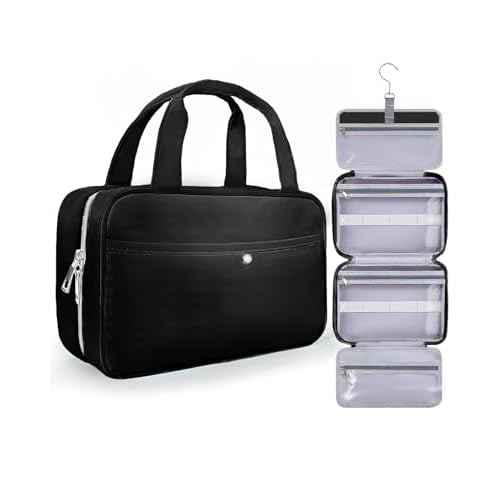 Travel Hanging Toiletry Bag for Women - Waterproof Cosmetic Organizer with Clear Window, Lightweight Bathroom Bags for Essentials, Makeup, Shampoo, Toiletries Black, Medium