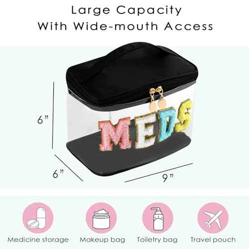 Personalized Chenille Letter Clear Medicine Makeup Bag, Large Size Waterproof Nylon Cosmetic Toiletry Storage bag with Top Handle, Transparent Meds First Aid Travel Organizer Cosmetic Bag(04Black)