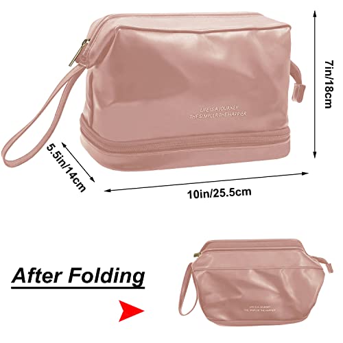 YUHAN PRETTY Large Travel Makeup Bag Double Layer Portable PU Leather Cosmetic Travel Bags Roomy Toiletry Bag for Women Girls(Pink)