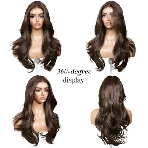 Glueless Wig with Bangs Chocolate Brown Layered Body Wave 13x4 HD Lace Front Pre Plucked Pre Cut Synthetic Wig for Women Wear and Go 23 Inch