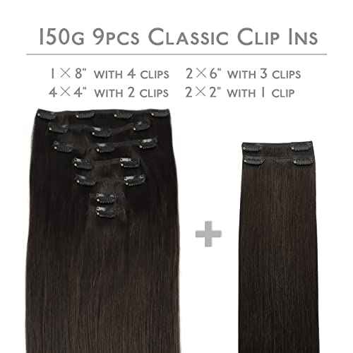 WENNALIFE Clip in Hair Extensions, 150g 20 Inch 9pcs Dark Brown Remy Hair Thicker Double Weft Extensiones De Cabello Humano Con Clip Ins Straight Full Volume