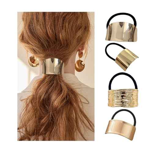 papasgix Metal Hair Ties, Metal Geometric Elastic Hair Ties, Hair Cuff Wrap Gold Hair Ties for Thick Hair Elastic Hair Ties for Women Hair Accessories (Gold-16)
