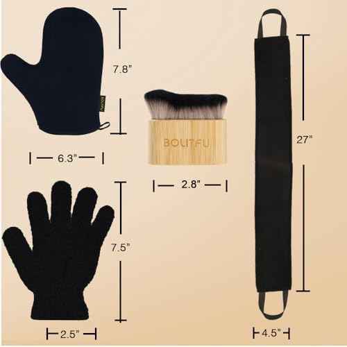 4 Pack Self Tanning Mitt Applicator Kit - 1 Self Tan Mitt, 1 Back Tanning Applicator, 1 Ultra Soft Self Tanner Brush, 1 Exfoliating Glove, for Sunless Streak-Free Fake Tan (Black)