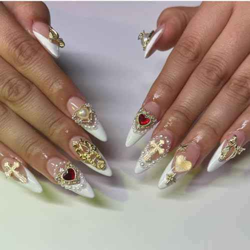 100Pcs Gold Nail Charms and Gems 3D Cross Nail Charms,Gold Rose,Hearts,Dollar,Bow,Cherry and Virgin Mary Nail Rhinestones for Nails Supplies