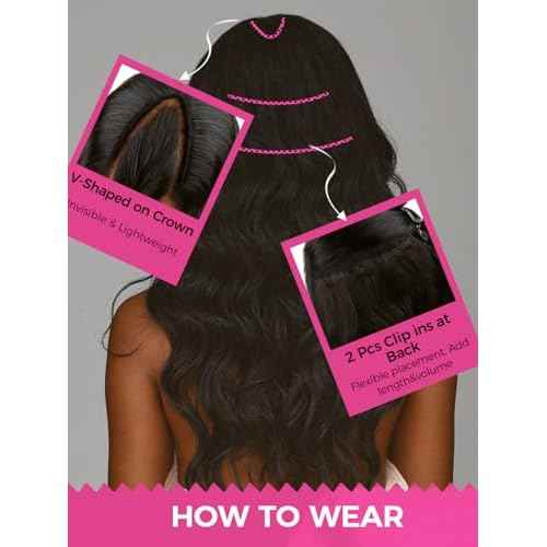 Lashey V Shape Invisible Clip in & Lace Clip in Hair Extensions Human Hair, 18 Inch 120g Set (1 V-Shaped + 2pcs Lace Clip ins), Natural Black Body Wave No Leave Out Hair Extension for Women