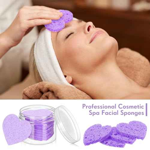 Nuenen 60 Pieces Facial Sponges with Container, Heart Shape Compressed Face Sponges Natural Cleaning Pads for Washing Face Cleaning Exfoliating Esthetician Makeup Removal(Purple)