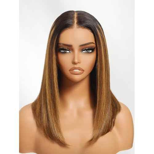 Beauty Forever Bob Wig Human Hair Brown With Blonde Piano Highlights Blunt Straight Wig Glueless 7x5 HD Lace Front Pre Cut Plucked Bye Bye Knots Ready to Go Short Wig 150% Density 14 Inches