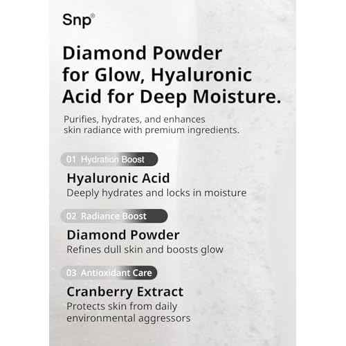 SNP 100% Diamond + 1000mg Hyaluronic Acid Sheet Mask | Tightening, Hydrating, and Nourishing with Real Diamonds for All Oily Skin Types | Korean Face Mask Skincare | Facial Moisturizing | 10 Sheets