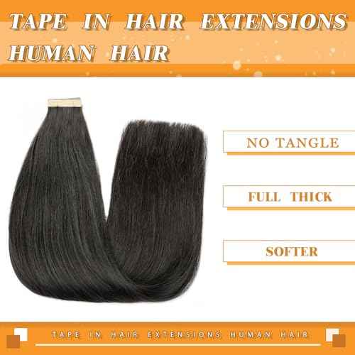 Tape in Hair Extensions Human Hair, Natural Black 40pcs 20 Inch 100% Remy Human Hair Women Straight Seamless Invisible Tape in Hair Extensions (1B#, 20 Inch, 40pcs)