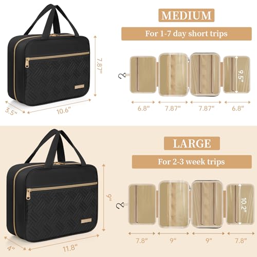 Travel Toiletry Bag for Women & Men Water Resistant Makeup Bag with Hanging Hook Portable Travel Organizer for Travel Accessories, Travel-Sized Shampoo, Toiletries (Medium-Black)
