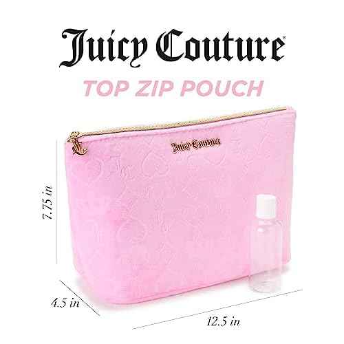Juicy Couture Pink Makeup Bag Cosmetics Organizer Travel Essentials Zip Top Wedge Velour Heart Crown