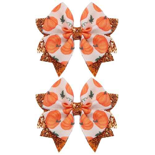 Happy Fall Thanksgiving Pumpkin Hair Bows Clips for Girls, 2pc 3.5" Glitter Orange Ribbon Bowknot Alligator Barrettes Hairpins Teens Toddlers Halloween Dress Outfit Decor Accessory Gift