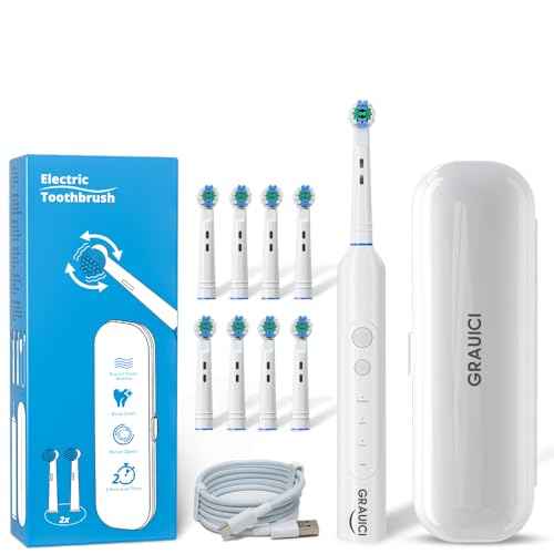 Deep Clean Rechargeable Electric Powered Toothbrush, Rechargeable Electric Toothbrush with 8 Brush Heads,Pressure Sensor to Protect Gums (White)