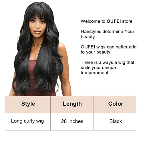 OUFEI Long Wavy Brack Wigs for Women Natural Synthetic Hair Heat Resistant Wigs for Daily Party Cosplay Wear-28 Inches