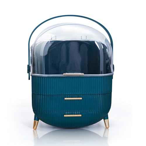 Makeup Cosmetic Organizer Box with Drawer Storage - Plastic Oval Storage Organizer with Turn Lock, Large Capacity for Women¡¯s Skincare and Beauty Products (Green)