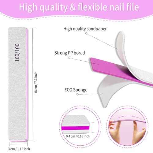 Nail Files 100/100 Grit Washable 25pcs Double Sides Nail File for Natural Nails and Poly Nail Extension Gel Fingernail Files for Nails