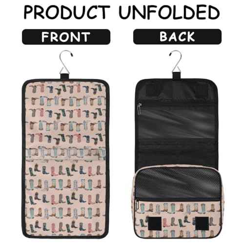 Travel Toiletry Bag for Women Men with Hanging Hook Pink Retro Western Print Cowboy Pattern Makeup Cosmetic Bag Organizer Travel Bag for Toiletries Essentials Accessories, Large Size