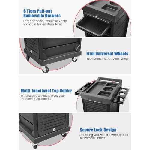 EBANKU Salon Beauty Rolling Trolley Cart, Black Hair Salon Storage Cabinet Barber Organizer Tool Multi Drawers Rolling Cart Free Standing Furniture with 4 Universal Wheels Hair Salons Supplies
