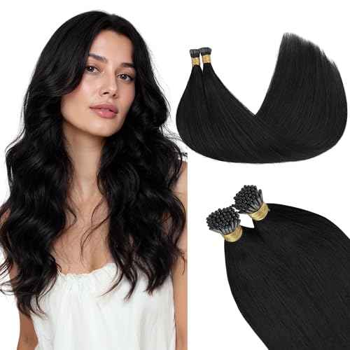 GOO GOO I Tip Hair Extensions, Real Human Hair, 20inch 100g 100S, Cold Fusion I Tip, Invisible Remy, Jet Black