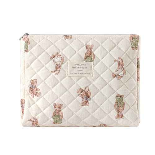 uekeboag Quilted Cotton Makeup Bag,Coquette Quilted Toiletry Bag for Women and Girls,Floral Coquette Pouch,Cute Kawaii Travel Cosmetic Bags(White Bear)