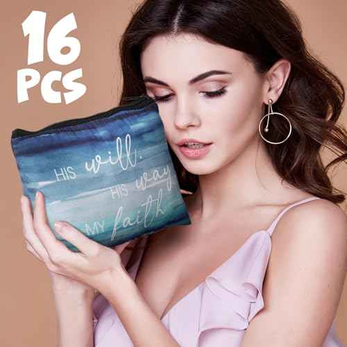 Pinkunn 16 Pcs Inspirational Christian Gifts for Women Religious Makeup Bags Bulk Religious Gifts for Women Inspirational Bible Verse Pencil Pouch Makeup Bags with Zipper for Travel(Bible Landscape)