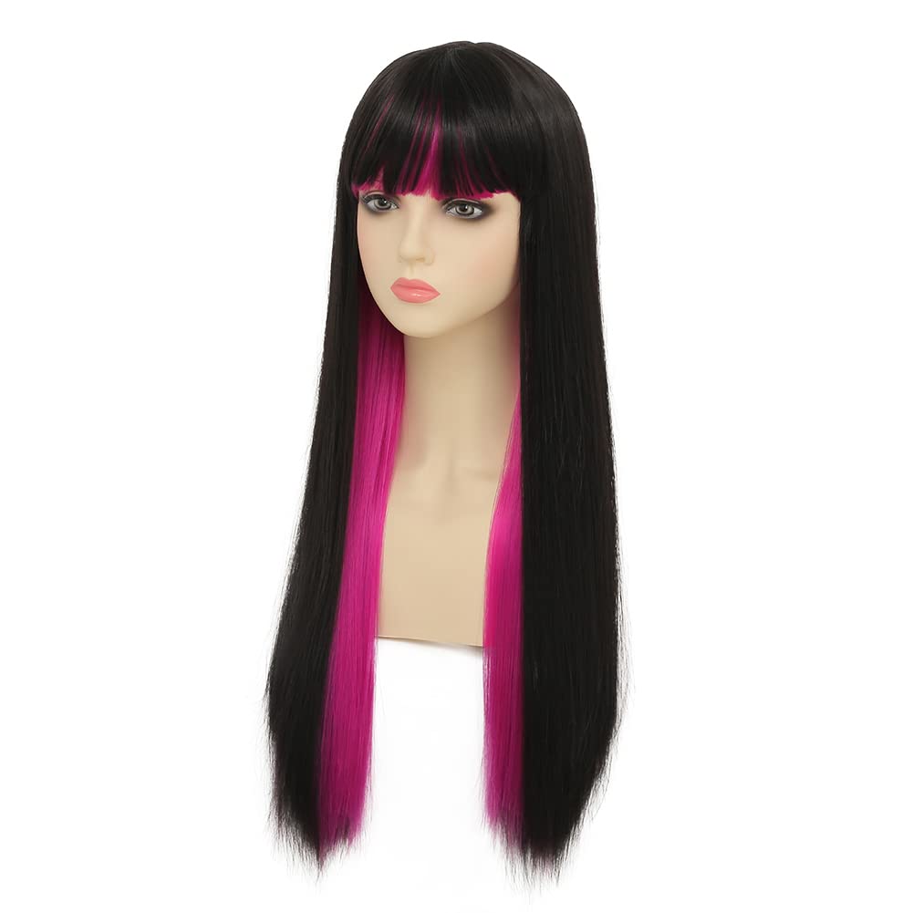 Dai Cloud Black Mix Purple Long Straight Wigs with Bangs for Women Cosplay Party Costume Synthetic Hair Wigs(Black and Purple)