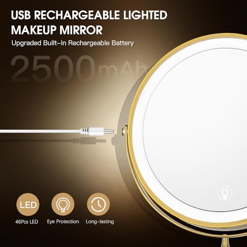Wall Mounted Lighted Makeup Mirror,8" Rechargeable Double-Sided Light up Magnifying Mirror 1x/10x,3 Color Led Vanity Mirror with Lights,Touch Dimmable 360¡Æ Rotation-Antique Bronze