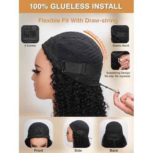 Kinky Curly Half Wig Human Hair 200% Density Wear Go Glueless Wigs Human Hair 3 In 1 Drawstring Seamless Flip Over Wig for Women Daily Wear Headband Wig Beginner Friendly Black (12inch)