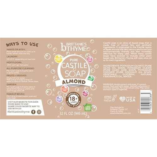 Brittanie's Pure Castile Liquid Soap Almond ? 2 Pack (32oz Each) | Natural, Organic, Multi-Purpose Soap for Body, Face, Home & Pets | Vegan, Sulfate-Free, Made in USA