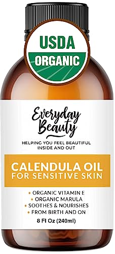 Organic Calendula Oil For Sensitive Skin -Bulk 8 Fl Oz- USDA Organic Certified 100% All Natural Plant Based, Lightweight & Unscented Gentle Soothing Oil For Sensitive Skin - For Face, Skin & All Over