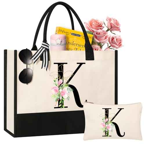 AYGE Personalized Initial Canvas Beach Tote, Monogrammed Gifts for Women, Makeup Bag, Birthday Gifts for Sister, Mom, Teacher, Bridesmaid (K)